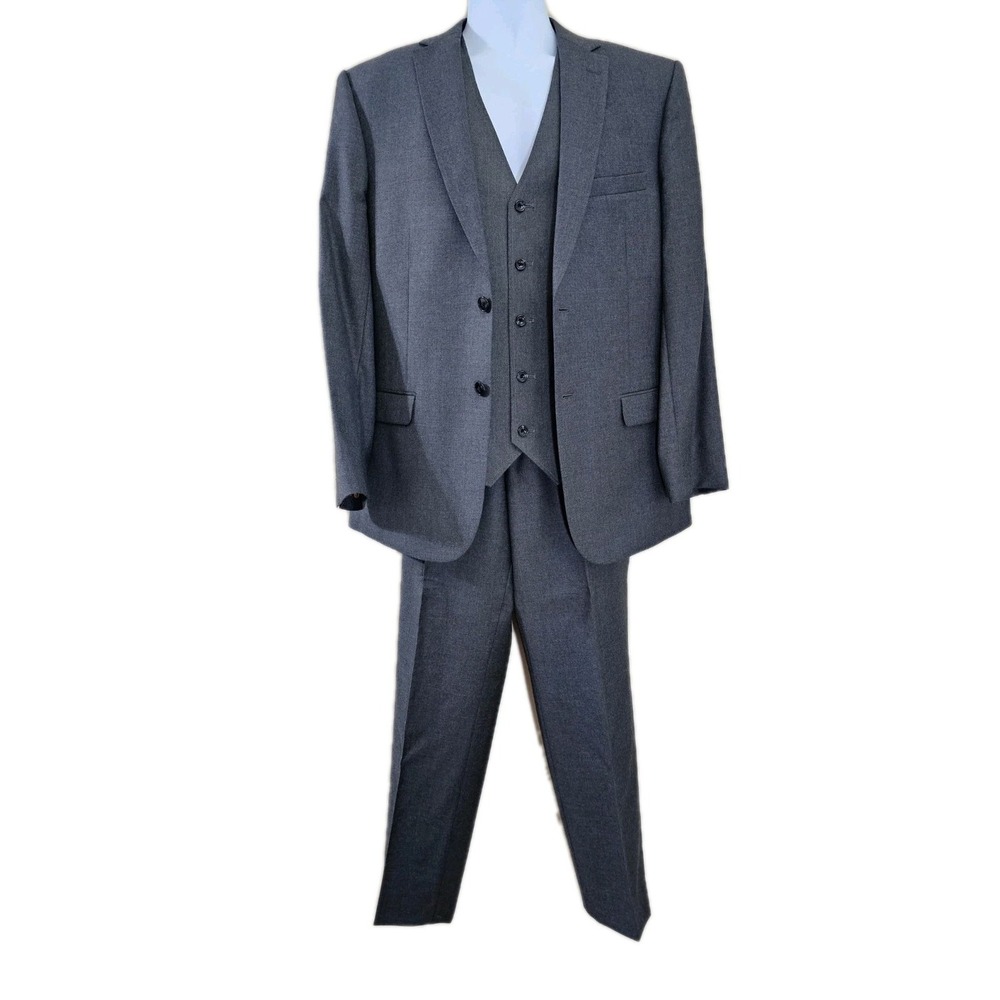 Jos A Bank Men's 3 Piece Slim Fit Suit 42R 35W Large Vest Dark Grey 100% Wool